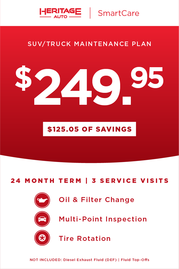 Advertisement for Heritage Auto SmartCare SUV/Truck Maintenance Plan: $249.95, a $125.05 savings, for 24 months/3 service visits including oil change, multi-point inspection, and tire rotation
